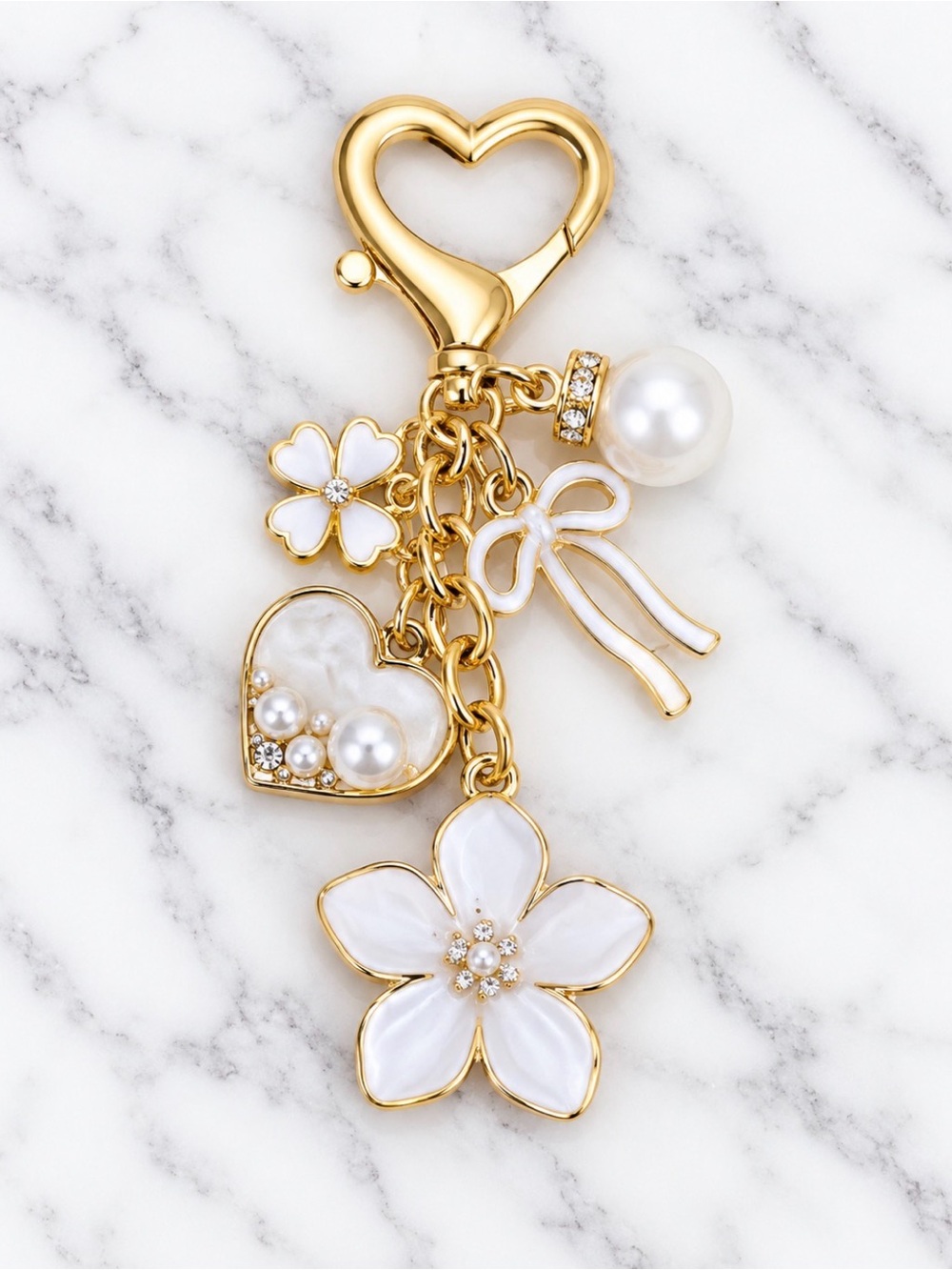 Bag Charm/Keyring-white Enamel Floral Charm Heart & Bow Charms-Gold Hardware